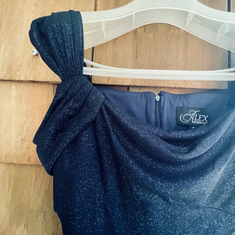 Alex Evenings Cold Shoulder Glitter Mesh Navy Dress Draped Skirt & Cowl Neckline - Picture 9 of 14